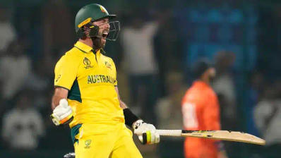 Glenn Maxwell celebrates his ton against Netherlands