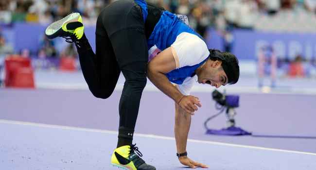 Neeraj Chopra in action at Paris Olympics