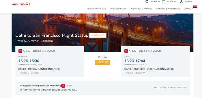 Screengrab of the AI-183 flight's status on Air India's website