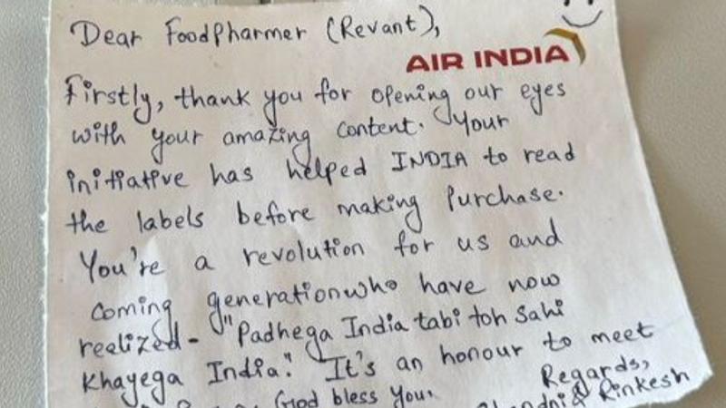 Influencer 'Food Pharmer' Who Exposed Indigo’s Unhealthy Meals Receives Note from Air India Pilots