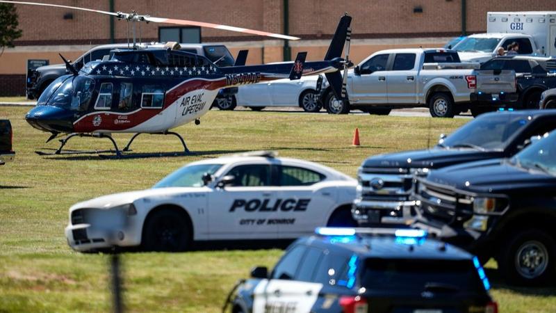 A medical helicopter is seen in front of Apalachee High School after a shooting in Winder school.