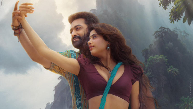 A poster of Devara featuring Janhvi Kapoor and Jr NTR