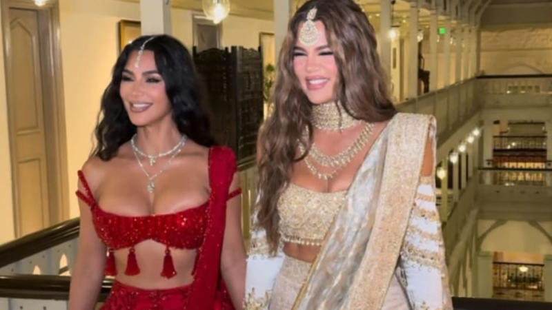 Kim Kardashian and Khloe Kardashian arrived at Anant Ambani and Radhika Merchant’s dream wedding in custom-made Manish Malhotra sarees and jewellery.