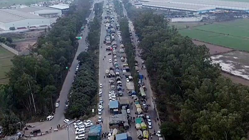 Aerial view of the Punjab-Haryana Shambhu border as farmers begin their 'Dilli Chalo' march,