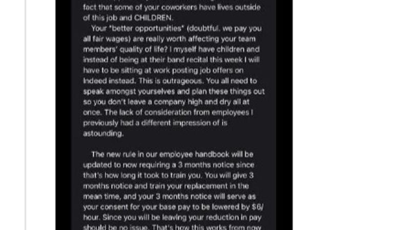  An angry email from an enraged boss has sparked widespread debate online after three of his employees quit simultaneously. 