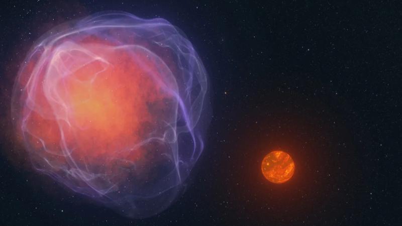 An artist's illustration depicts a low-mass star that was sent on a speedy trajectory that could take it out of the Milky Way after its white dwarf companion exploded in a supernova