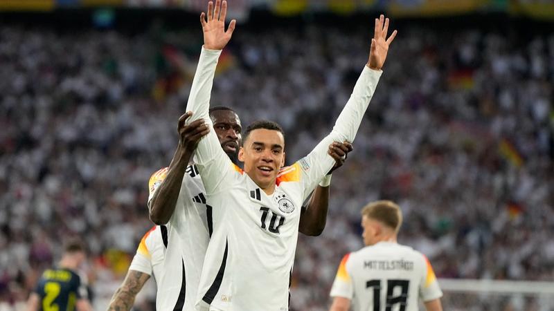 Jamal Musiala celebrates goal for Germany at Euro 2024