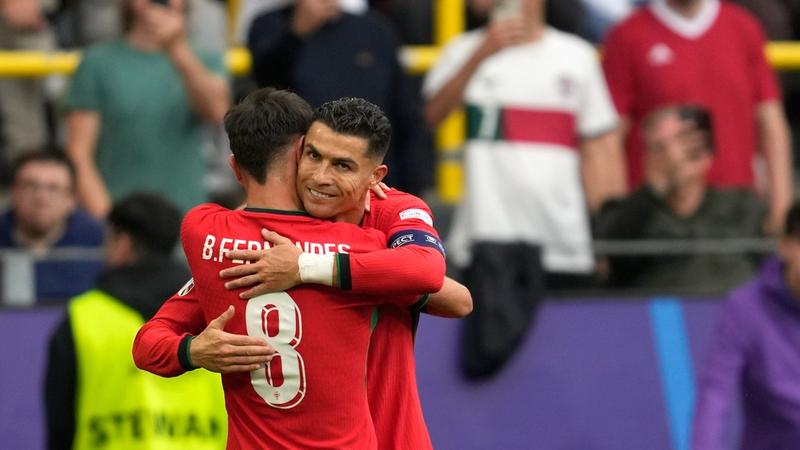 Cristiano Ronaldo and Bruno Fernandez celebrate goal for Portugal vs Turkey