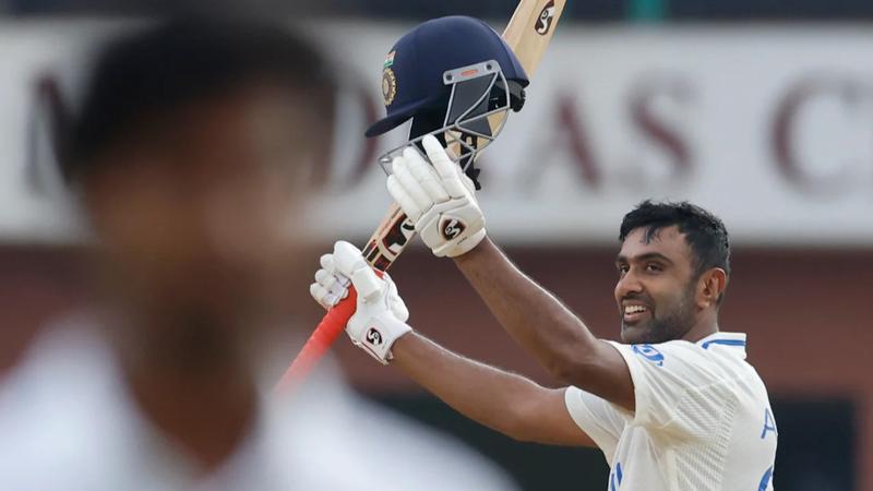 Ashwin celebrating after he test century against Bangladesh.