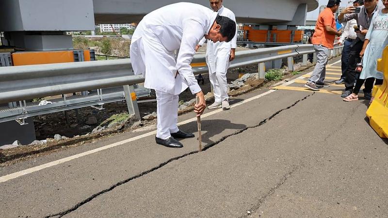 Congress leader Nana Patole looks at the crack appeared on the "Atal Setu" bridge, in Mumbai