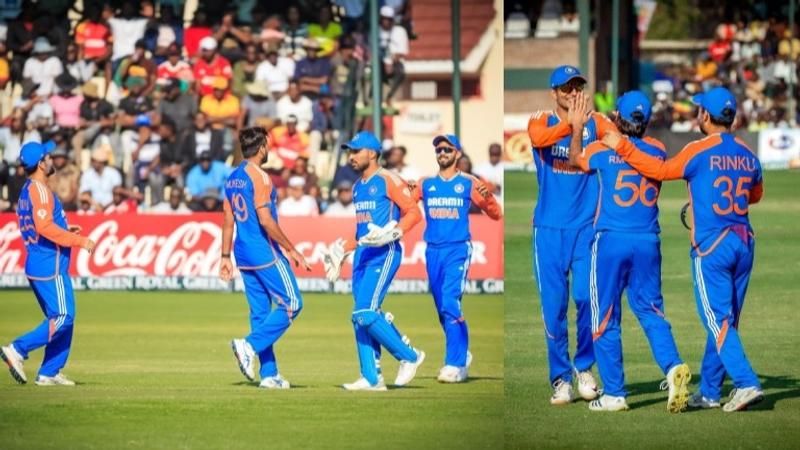 Indian players celebrate a fall of wicket