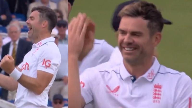 James Anderson celebrates after taking wicket
