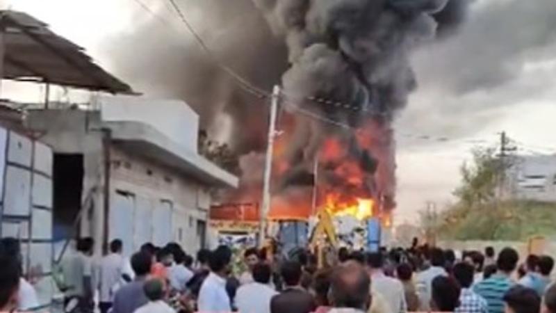 Fire breaks out in a scrap warehouse in Shiv Nagar area of Barmer, Rajasthan