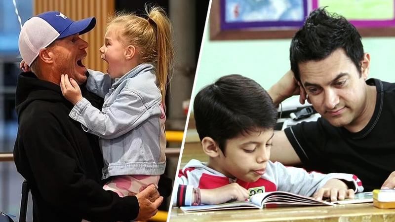 David Warner with his daughter (L), A still from Taare Zameen Par (R)