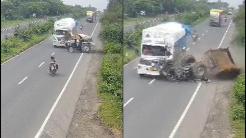 Deadly Truck Accident Captured on CCTV in Ratlam: Tractor Overturned, Two Injured