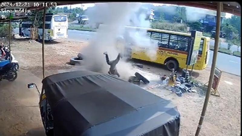 Disturbing Video: Man Tossed Into Air After School Bus Tyre Bursts in Karnataka's Udupi 