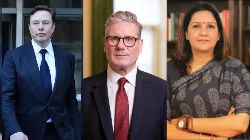 Elon Musk (L), Keir Starmer (C) and Priyanka Chaturvedi (R)