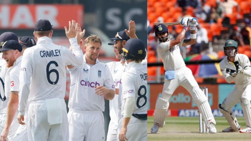 England celebrate a fall of wicket and Virat Kohli plays a shot