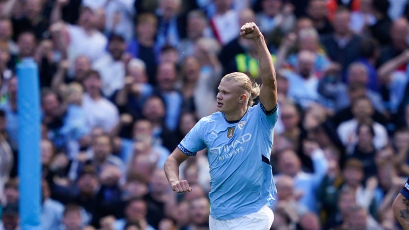 Erling Haaland celebrates his hattrick vs Ipswich Town