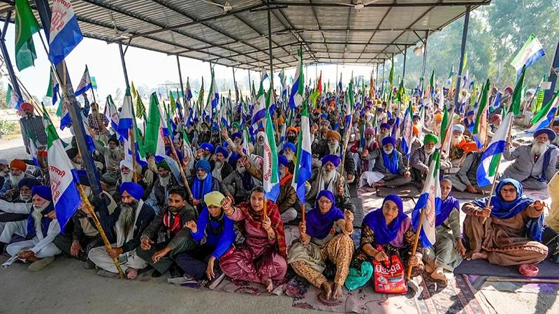 Farmers gather at their protest site at Shambhu border for Delhi Chalo March