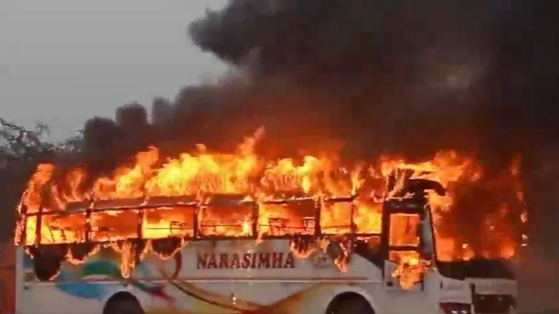 Fire breaks out devotees bus