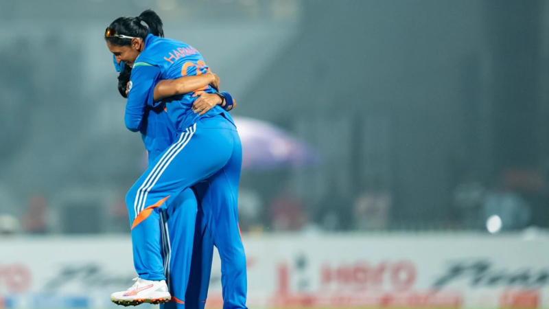 Harmanpreet Kaur celebrates after a wicket 