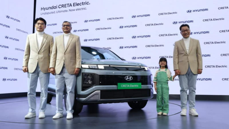 JT Park, Executive Director (Sales, Marketing and Service) - Hyundai Motor India Limited (HMIL), Mr. Tarun Garg, Whole-time Director & Chief Operating Officer - HMIL, and Mr. Unsoo Kim, Managing Director - HMIL, at the launch of the Hyundai CRETA Electric at Bharat Mobility Global Expo 2025 in New Delhi.