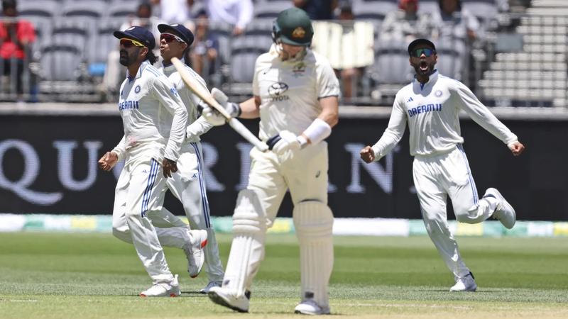 Indian players celebrate as Steve Smith departs