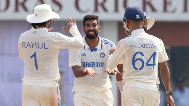 Jasprit Bumrah celebrates a fall of wicket