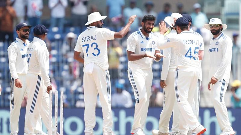 Jasprit Bumrah celebrates with the Indian team.