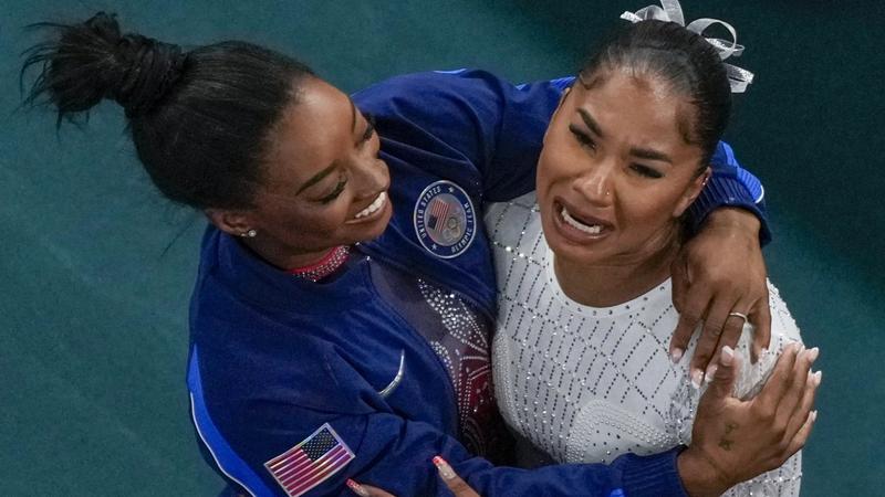 Jordan Chiles with Simone Biles at Paris Olympics