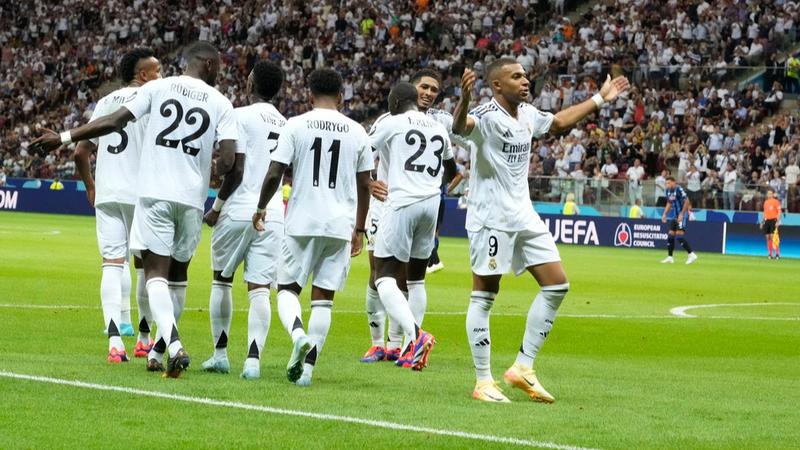 Kylian Mbappe celebrates his goal for Real Madrid