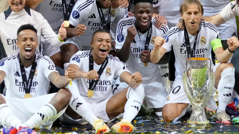 Kylian Mbappe celebrates UEFA Super Cup triumph with Real Madri players