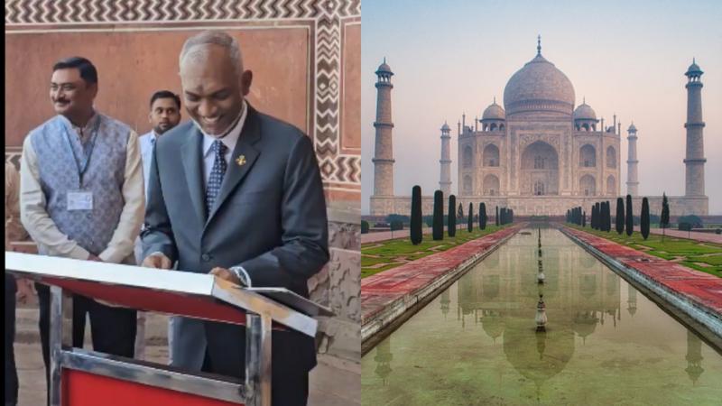 Maldives President signing visitor's book after touring iconic Taj Mahal