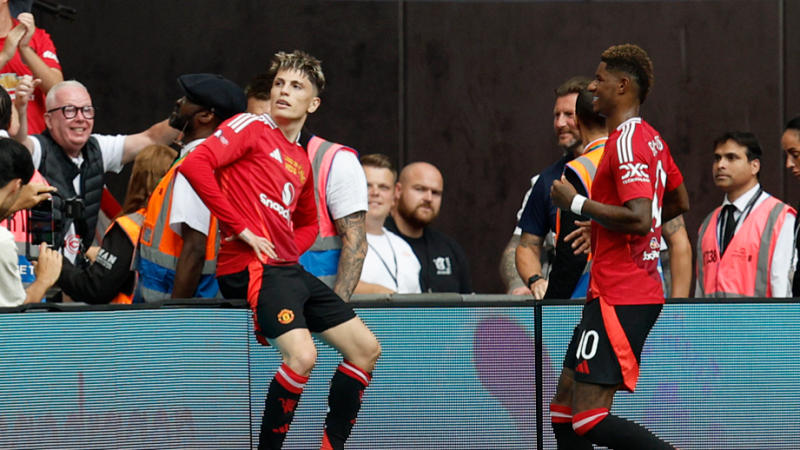 Manchester United's Alejandro Garnacho and Marcus Rashford celebrate during pre-season