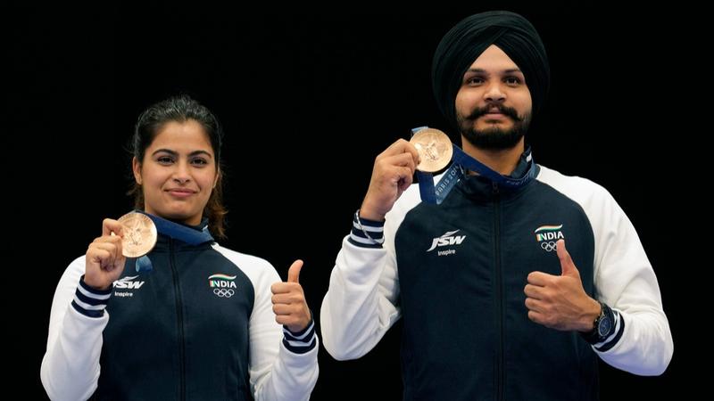 Manu Bhaker and Sarabjot Singh with their Bronze medal at Paris Olympics