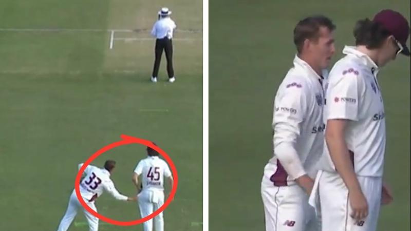 Marnus Labuschagne bowls a medium speed in the Sheffield Shield and places a fielder just behind the umpire