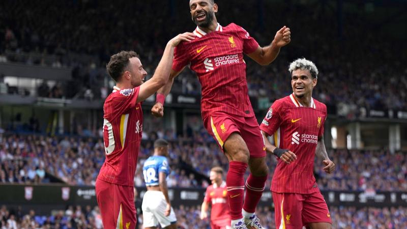 Mo Salah celebrates his goal for Liverpool.