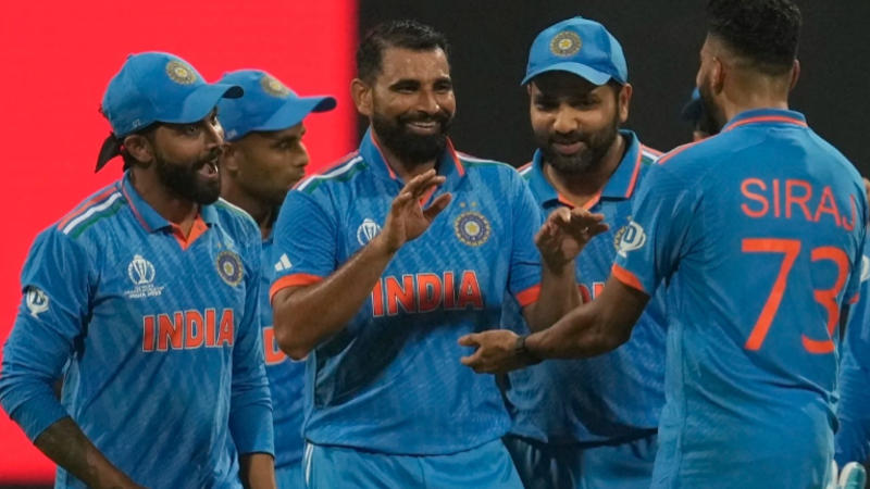 Mohammed Shami celebrates a fall of wicket during ODI World Cup 2023