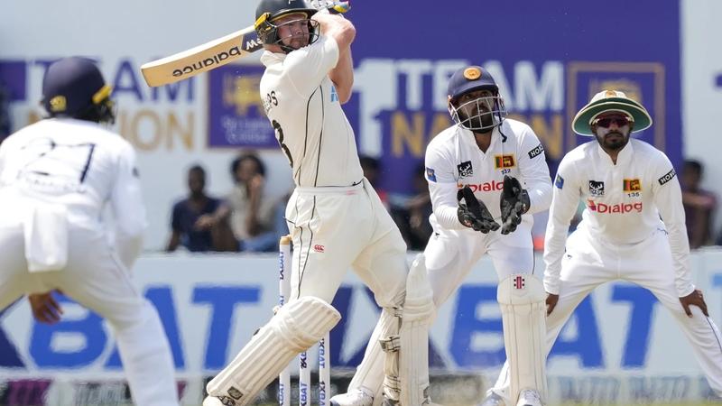 New Zealand's Glenn Phillips plays a shot against Sri Lanka.