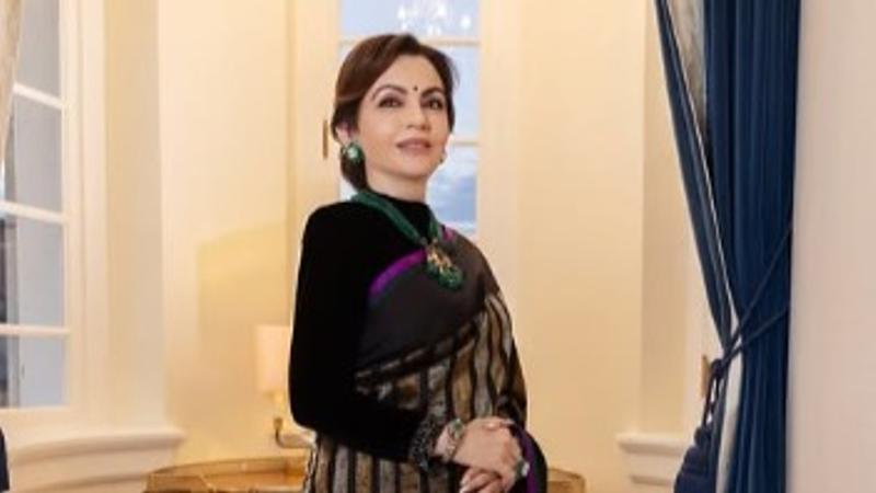 Nita Ambani graces US President-Elect Donald Trump's private dinner in black-hued Kanchipuram saree.