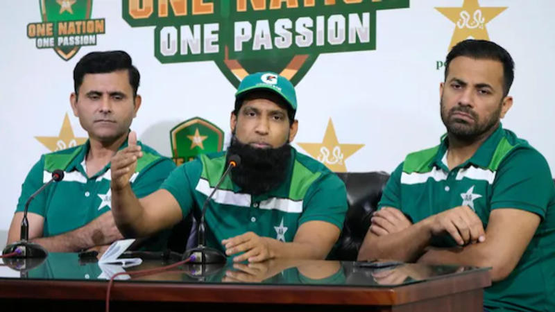 Pakistan cricket team's selection committee members, shown from left to right, Abdul Razzaq, Mohammad Yousuf, and Wahab Riaz.