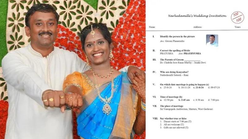  Pratyusha, the bride who is also a teacher called the atypical card "Narkedamilli's Wedding Invitation