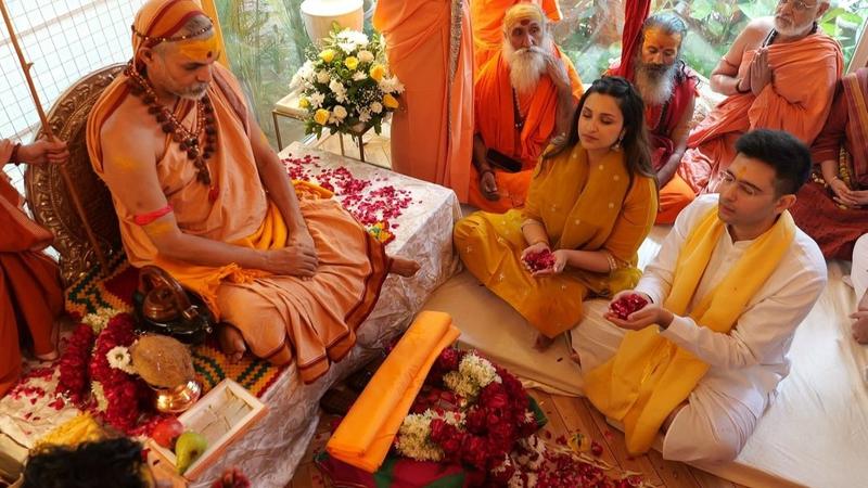 Shankaracharya Swami Avimukteshwaranand visits Raghav Chadha and Parineeti Chopra's residence.