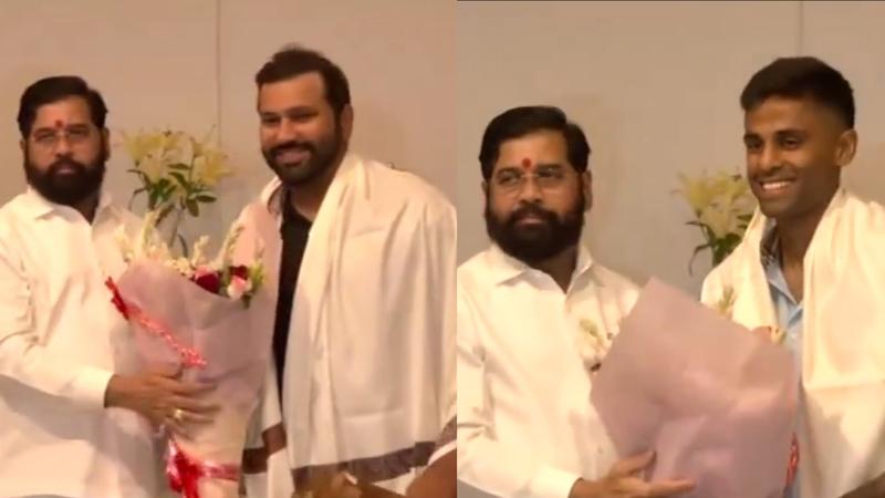 Maharashtra CM Eknath Shinde felicitates Rohit Sharma and Suryakumar Yadav