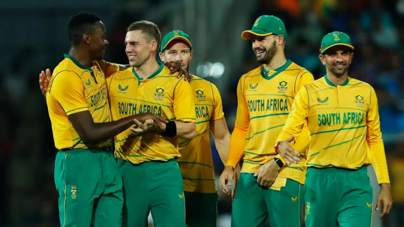 South African team celebrate the fall of a wicket