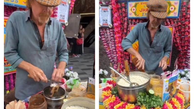 The Instagram video shows the vendor mixing puffed rice and chutney in a steel vessel at a vibrant and colorful stall.