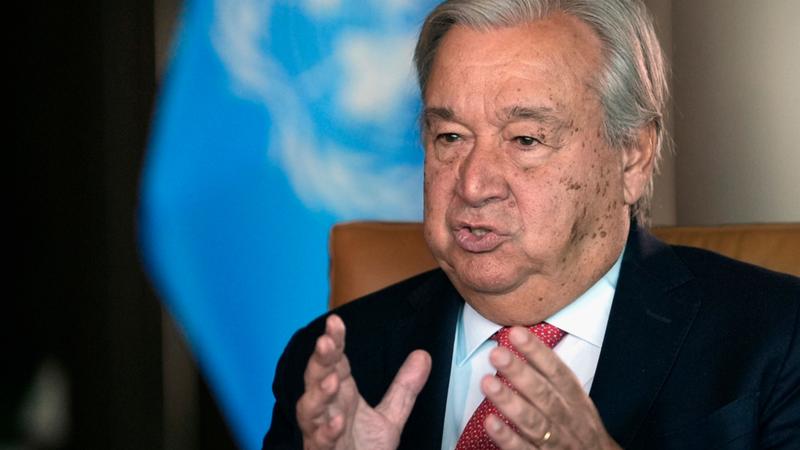 United Nations Secretary-General Antonio Guterres speaks during an interview at the United Nations headquarters