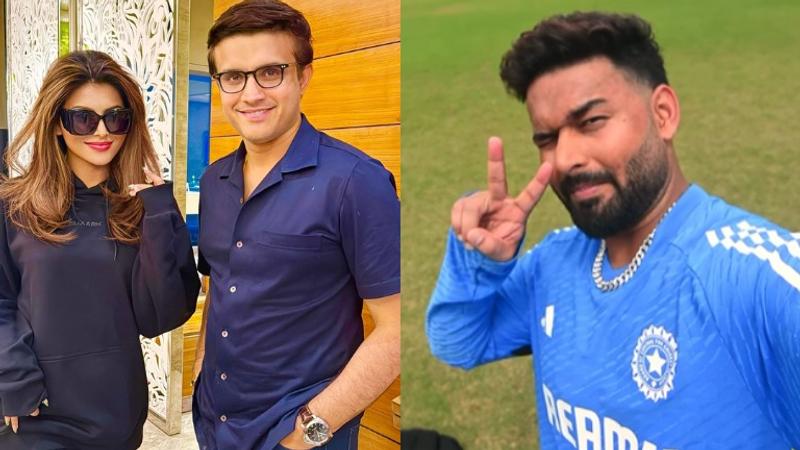 Urvashi Rautela and Sourav Ganguly on the left and Rishabh Pant on the right