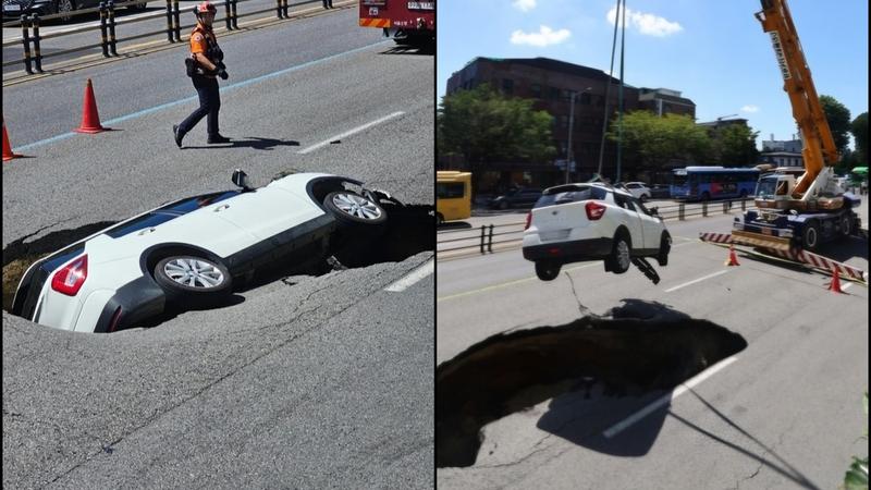 Video Captures Massive Sinkhole Swallows SUV in Seoul, Days After Indian Woman Falls in Kuala Lumpur